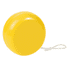 A yellow standard plastic yoyo with a white string attached. The surface is glossy and smooth.