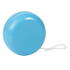 A blue plastic yo-yo with a smooth surface and attached string. It features a simple round shape.