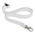 A white lanyard with a clip and adjustable buckle.