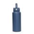 A drink bottle in navy blue, featuring a handle and a silver accent, with a logo on the side.