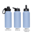 A drink bottle with three lid options: screw cap, flip top, and rotating carry handle, in light blue colour.