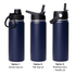 A drink bottle set featuring three navy blue vacuum flasks with different lid options: screw cap, flip top, and rotating carry handle.