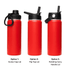 A drink bottle collection featuring a red 500ml vacuum bottle with three lid options: screw cap, flip top, and rotating carry handle.