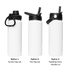 A drink bottle featuring a white body and three lid options: screw cap, flip top, and rotating carry handle.