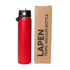 A drink bottle in bright red, shown next to its box, featuring a logo and a black lid.