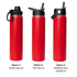 A drink bottle set featuring a red 750ml vacuum bottle with three lid options: screw cap, flip top, and rotating carry handle.