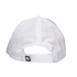 A white cap featuring a branding logo, displayed from the back. The cap has a snapback closure.