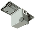 A grey cooler box with wheels, featuring a foldable table and chair. It has an integrated handle and a logo.