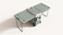 A green cooler box with folding table and chair attachments, featuring wheels and a handle for easy transport.