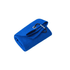 A folded blue cooling towel with a carabiner attached for convenience. The towel has a textured surface.