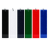 Six cotton golf towels in black, white, navy, green, red, and blue, each featuring a hanging loop.
