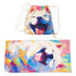 A foldable drawstring towel featuring a vibrant, multicoloured design of a smiling dog, with a matching drawstring bag.