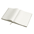 An open A4 hard cover notebook with lined pages and a ribbon bookmark, featuring a black cover.