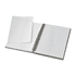 A grey spiral bound notebook with blank lined pages, open to show the inside. It includes loose paper.