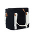 A black cooler bag with white straps and a zippered top, featuring a front pocket and a logo.