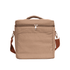 A tan cooler bag with a zippered front and a brown adjustable strap, featuring a logo on the front.