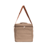 A beige cooler bag with a zippered compartment and an adjustable shoulder strap. It features a small handle on the top.