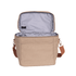 A beige cooler bag with a silver interior, featuring a detachable strap and a front pocket. It has a logo.