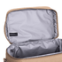 A tan cooler bag with a silver interior and a small logo inside. The bag is unzipped and empty.