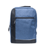 A blue backpack featuring a zippered front pocket and a contrasting black side panel. It also has a logo.