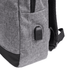 A grey fabric backpack with a side pocket and a small logo. The bottom has a contrasting black section.