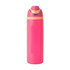 A drink bottle featuring a bright pink design with an orange top and a logo. It has a sleek, insulated body.