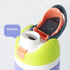 A drink bottle featuring a colourful design with a green, purple, and orange cap, and a logo on the side.