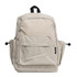 A beige backpack with multiple pockets, featuring a front zippered compartment and side mesh pockets. It has a logo.