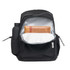 A black backpack with a grey interior, featuring a drink bottle and a brown leather wallet inside.