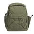 An olive green backpack with multiple compartments and a logo. Features side pockets and a sturdy build.