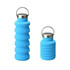 A drink bottle set in bright blue, featuring a collapsible design and a stainless steel lid, with one bottle smaller than the other.