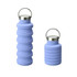 A drink bottle in a light blue colour, featuring a collapsible design and a metallic lid with a handle.