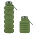A drink bottle in green silicone with a stainless steel lid, featuring a collapsible design for easy storage.
