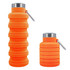A drink bottle in vibrant orange, featuring a collapsible design and a metal carabiner for attachment.