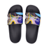 A pair of PU sublimated slides featuring a colourful abstract design with a black strap and a logo.