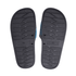 A pair of black and blue PU sublimated slides, featuring textured soles and numbering on the underside.