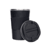 A black coffee cup with a textured grip and a removable lid, featuring a stainless steel top.