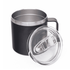 A 400ml black coffee mug with a stainless steel rim and a clear lid. It features a sturdy handle and a logo.