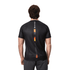 A black sublimated crafted tee featuring a flame design down the centre back, with a logo on the side.