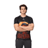 A black T-shirt featuring a vibrant graphic design with a volcanic scene and a logo on the chest.