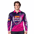 A long-sleeve fishing tee in vibrant pink and purple, featuring a logo and a striking design.