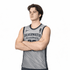 A sports jersey in grey with a subtle pattern and a logo, featuring black trim and a player's number on the front.