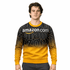 A man wearing a black and gold jumper with a prominent logo and text design. The jumper features a round neck and long sleeves.