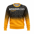 A crew neck jumper in black and yellow featuring a logo and a gradient design.