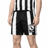 A pair of black and white sports shorts featuring a logo on the side and a striped design.