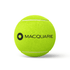 A bright yellow tennis ball featuring a black logo on one side.