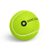 A bright yellow tennis ball featuring a black logo. The ball has a textured surface and a classic double seam design.
