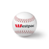 A white baseball with red stitching and a logo on one side.