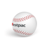 A white baseball with red stitching and a logo.