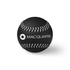 A black baseball with white stitching and a logo on one side.